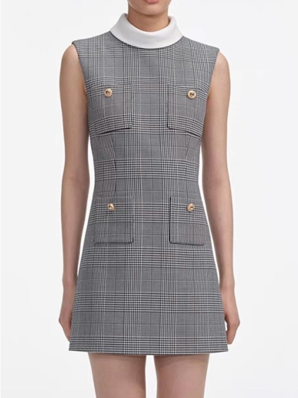 Sleeveless Glen Plaid A-Line Dress with Contrast Collar